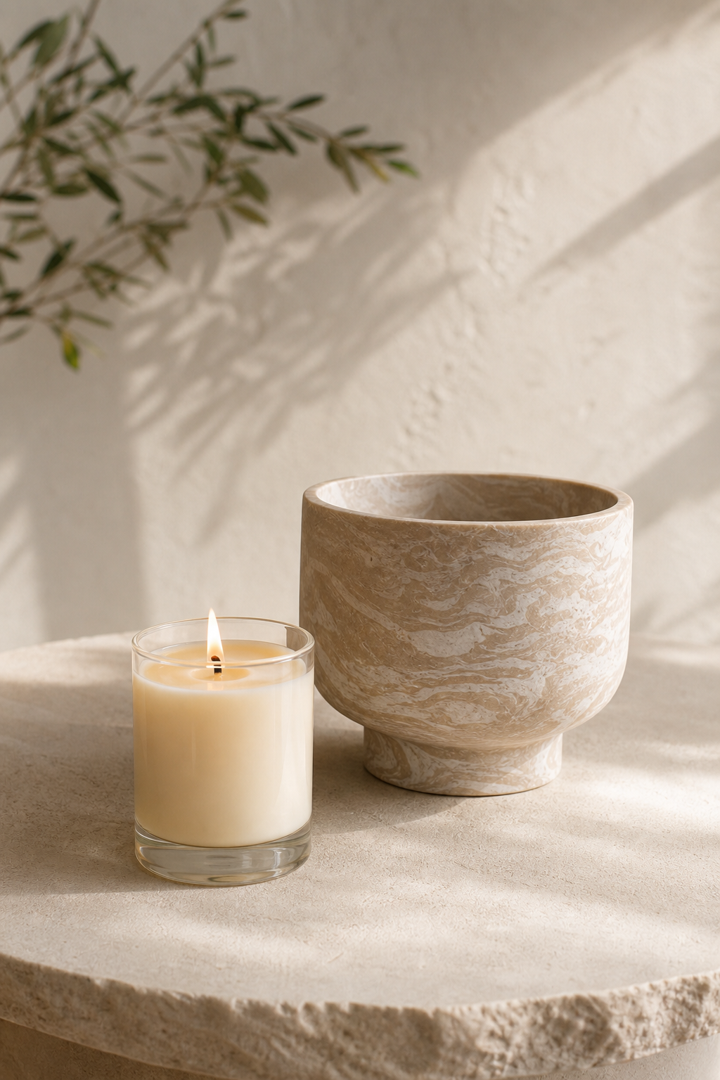 A lit candle beside a marbled handmade vessel in warm natural light.